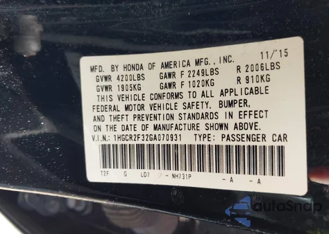 2016 Honda Accord Lx из США, поврежденный, VIN 1HGCR2F32GA070931